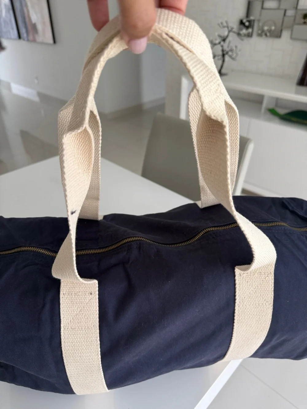 Black Duffel Bag with White Straps
